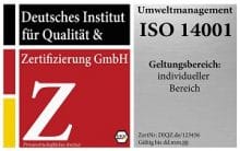 DIQZ Prüfzeichen DIN EN ISO 14001, zertifiziertes Umweltmanagementsystem
